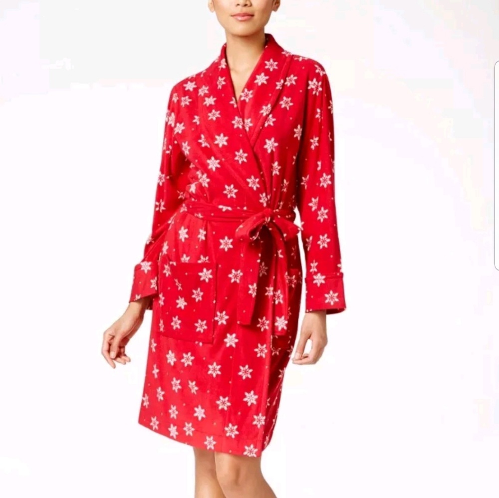 CHARTER CLUB fleece short robe red snowflakes L